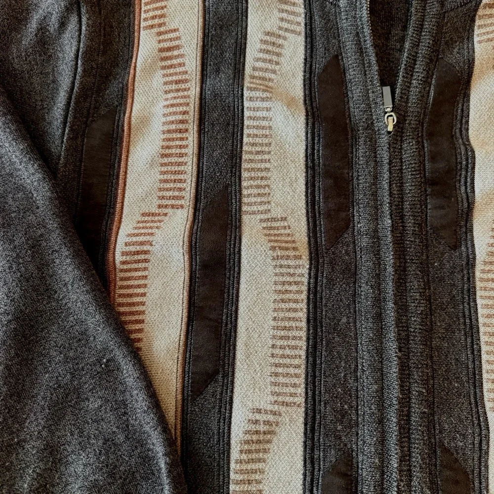 Silver Silk Full Zip Sweater Jacket Men's XL Brown Textured Knit Microsuede‎